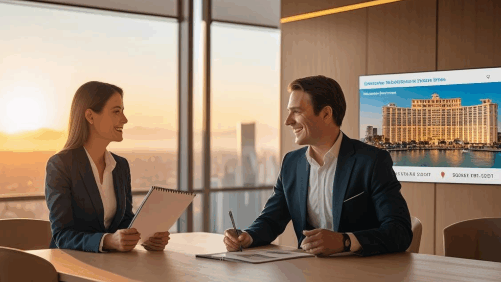 Executive search interview for hospitality and real estate leadership at sunrise in a modern office with city skyline view.