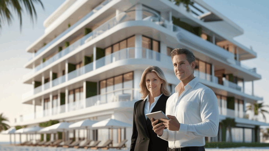 Senior executives in front of a modern branded residence by the beach, symbolizing hybrid hospitality and real estate leadership.