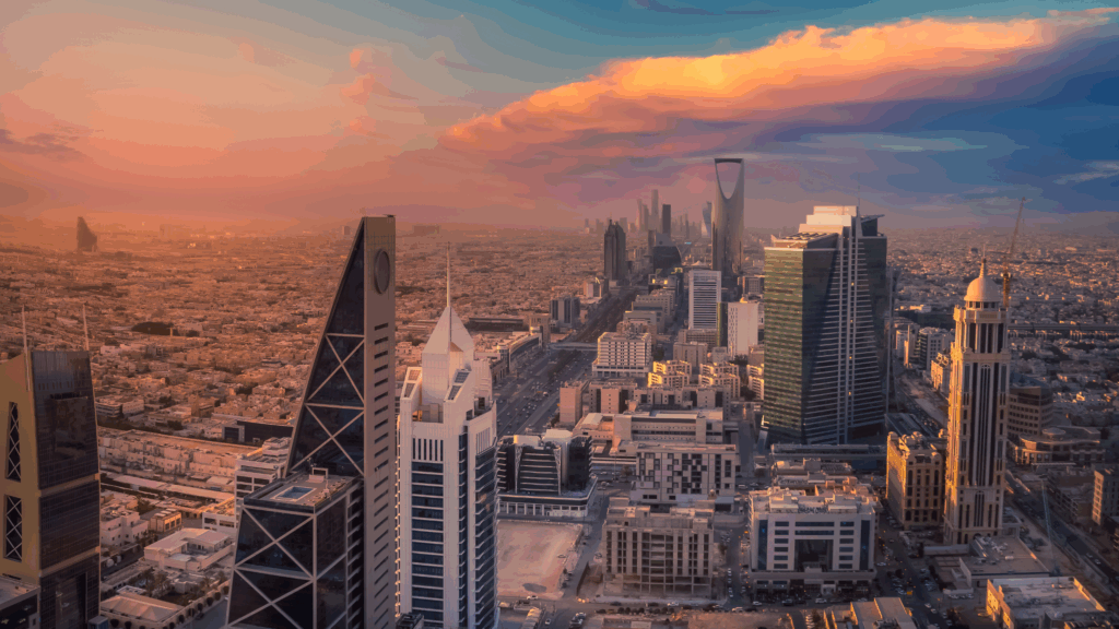 Skyline of Riyadh at sunset, symbolizing growth opportunities and challenges for White-Label Hospitality Operators in the Middle East.
