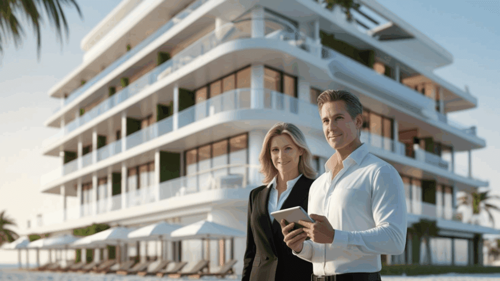 Senior executives in front of a modern branded residence by the beach, symbolizing hybrid hospitality and real estate leadership.
